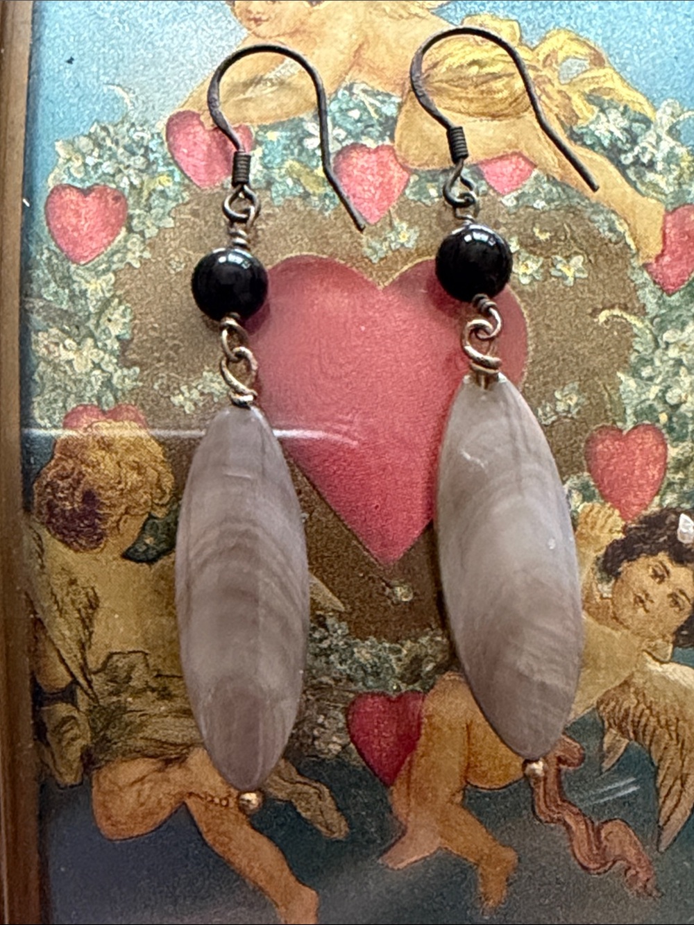 Pierced earrings sterling silver oxidized wires black onyx grey mother of pearl